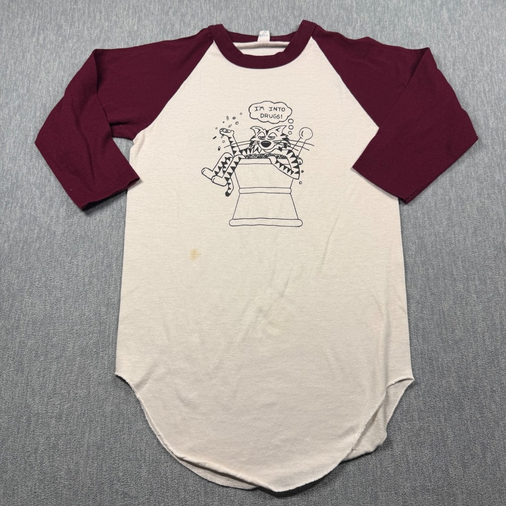 Sportswear Shirt Mens S White Maroon UOP Pharmacy Cat Raglan 3/4 Sleeve VTG 70s